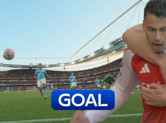 Gabriel Martinelli equalises for Arsenal in their Premier League match against Man City