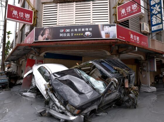 Damaged cars lie following flooding in Hualien, Taiwan.