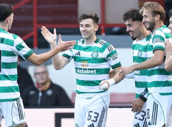 GLASGOW, SCOTLAND - SEPTEMBER 21: Celtic...s Sebastian Tounekti celebrates after scoring to make it 3-0 with Kieren Tierney during a Premier Sports Cup Quarter-Final match between Partick Thistle and Celtic at The Wyre Stadium at Firhill, on September 21, 2025, in Glasgow, Scotland. (Photo by Ross MacDonald / SNS Group)