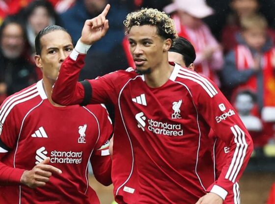 Hugo Ekitike celebrates after doubling Liverpool's lead against Everton