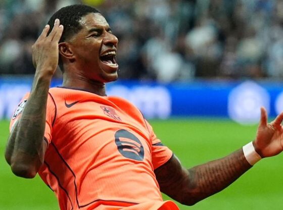 Barcelona's Marcus Rashford celebrates scoring against Newcastle