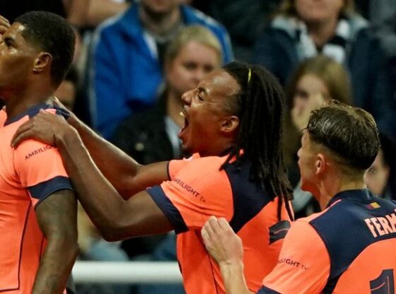 Barcelona's Marcus Rashford celebrates scoring his second goal against Newcastle