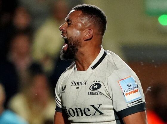 Saracens' Andy Onyeama-Christie celebrates after scoring a try during the Gallagher PREM match at Kingston Park