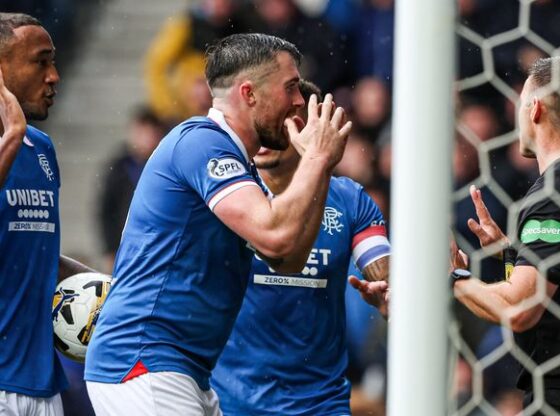 GLASGOW, SCOTLAND - SEPTEMBER 13: Rangers' Derek Cornelius and John Souttar complain to Referee Steven McLean as he rules out their goal for a foul on Hearts' Alexander Schwolow during a William Hill Premiership match between Rangers and Heart of Midlothian at Ibrox Stadium, on September 13, 2025, in Glasgow, Scotland. (Photo by Craig Williamson / SNS Group)