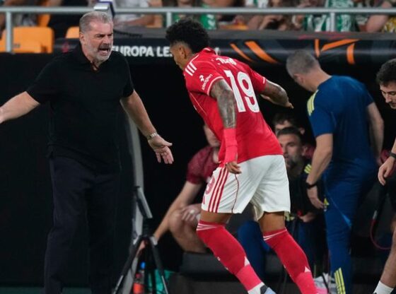 Nottingham Forest's head coach Ange Postecoglou celebrates with goalscorer Igor Jesus