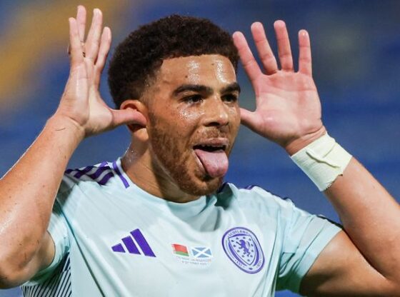 Scotland's Che Adams celebrates scoring to make it 1-0 vs Belarus