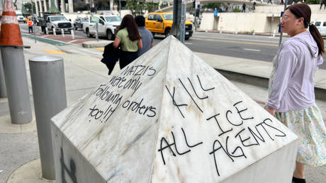 FILE PHOTO. An anti-ICE graffiti pictured in Los Angeles, California, US.