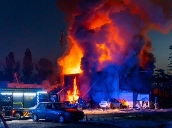 Firefighters working to put out a massive fire in a building in Zaporizhzhia, Ukraine.