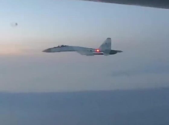 Russian Su-30SM aircraft in flight over the Sea of Okhotsk.