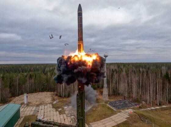 A Yars intercontinental ballistic missile launching from Plesetsk Cosmodrome in Russia.