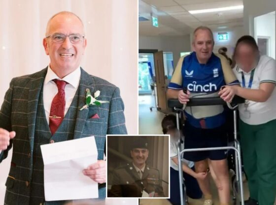 An image collage containing 3 images, Image 1 shows Man in suit giving a speech, Image 2 shows Mark Houghton in a blue shirt with two people assisting him as he stands in a walking frame, Image 3 shows Man in military uniform holding a card