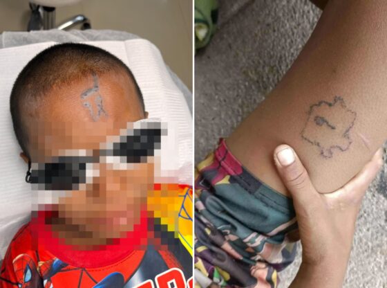 An image collage containing 2 images, Image 1 shows School bullies tattoo p***y on classmate's head in Thailand, Image 2 shows School bullies tattoo p***y on classmate's head in Thailand