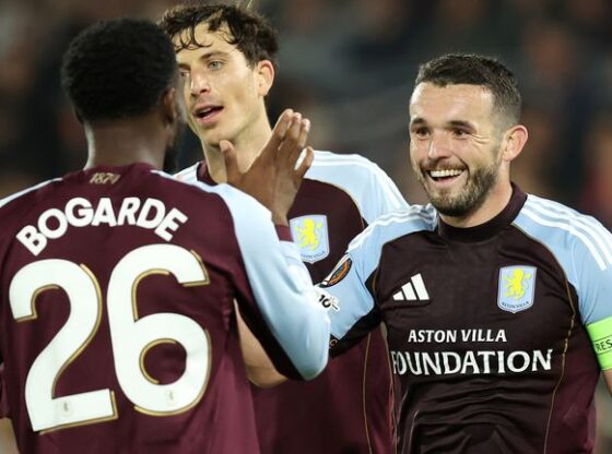 John McGinn is congratulated after scoring Aston Villa's second goal against Feyenoord in the Europa League