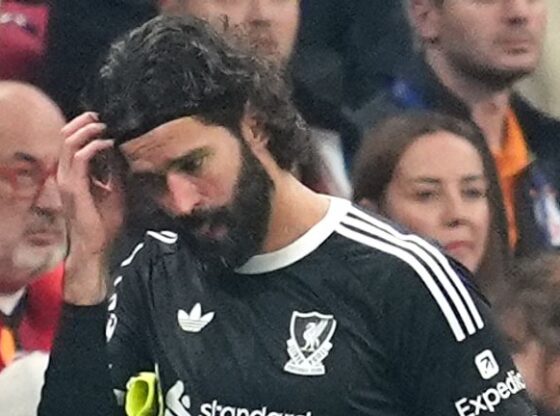 Liverpool goalkeeper Alisson Becker after being substituted against Galatasaray with an injury
