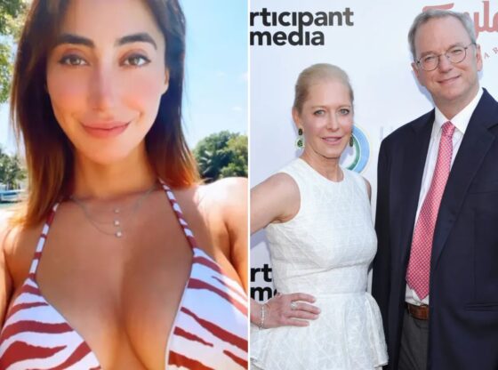 An image collage containing 2 images, Image 1 shows Michelle Ritter in a red and white striped bikini top, Image 2 shows Wendy Schmidt and Eric Schmidt at the UCLA Institute of the Environment and Sustainability annual Gala