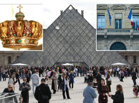 An image collage containing 3 images, Image 1 shows Louvre Museum reopens after $102M jewel heist, with investigation underway, Image 2 shows Facade of the Banque de France in Paris with French and European Union flags, Image 3 shows Facade of the Banque de France in Paris