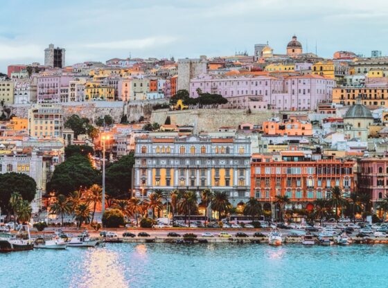 Cagliari cityscape and architecture with the Mediterranean Sea.