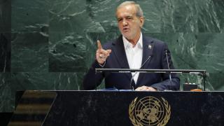 Iran's President Masoud Pezeshkian addresses the 80th United Nations General Assembly (UNGA) at UN Headquarters in New York, US, on September 24, 2025.