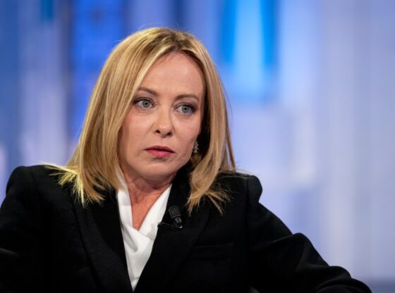 Italian Prime Minister Giorgia Meloni on the set of the TV show "Door to Door."