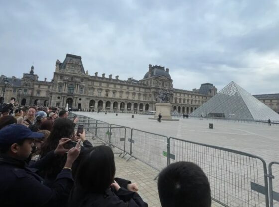 An image collage containing 1 images, Image 1 shows A crowd of people looking at the Louvre Palace and the Louvre Pyramid in Paris