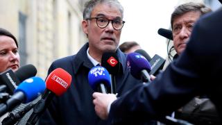 Olivier Faure, first secretary of the French Socialist Party, speaks to journalists this Wednesday.