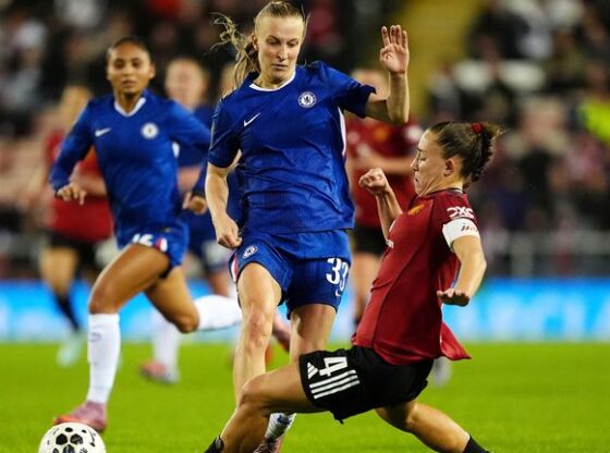 Aggie Beever-Jones and Maya Le Tissier battle for the ball