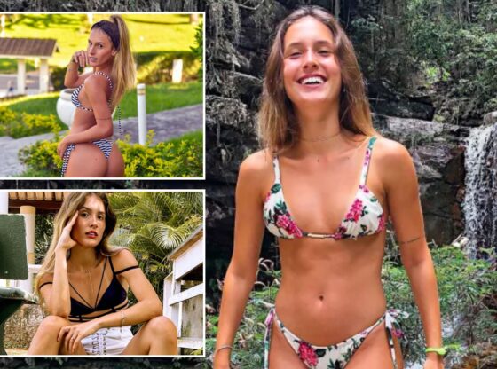 An image collage containing 3 images, Image 1 shows NINTCHDBPICT001033294918, Image 2 shows A woman in a striped bikini stands on stone steps outdoors, looking over her shoulder, Image 3 shows A woman in a black top and white shorts sits on concrete steps, looking at the camera