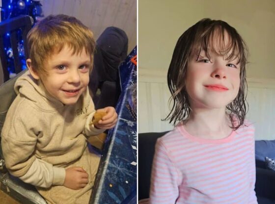 An image collage containing 2 images, Image 1 shows Jack smiling while holding food at a table with a snowflake tablecloth, Image 2 shows A smiling child with wet, dark hair and bangs, wearing a pink and white striped long-sleeved shirt