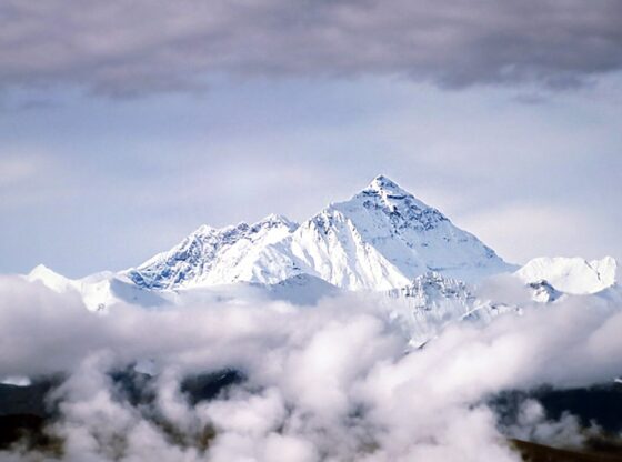 Mountaineers making their way towards the summit of Mount Everest in the darkness.