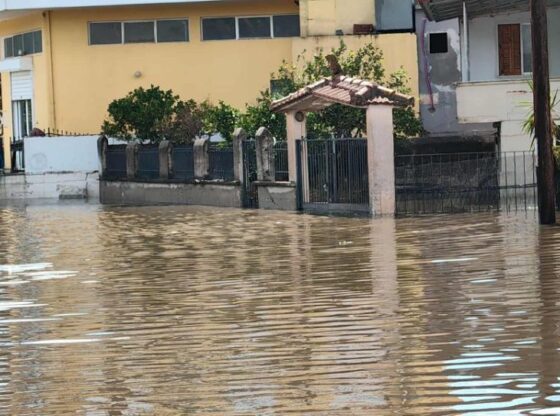 Buildings and a gate partially submerged by floodwaters.