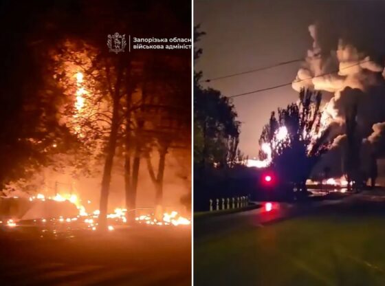 An image collage containing 2 images, Image 1 shows Nighttime photo showing large fires in a wooded area, illuminating tree branches and the ground with bright orange and yellow light, Image 2 shows Explosion with fire and smoke in the distance at night