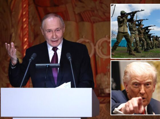 An image collage containing 3 images, Image 1 shows Russian President Vladimir Putin gestures during a speech at the Bolshoi Theater, Image 2 shows Youngsters in camouflage clothing practice aiming rifles during military training in Donetsk, Image 3 shows Donald Trump pointing his finger