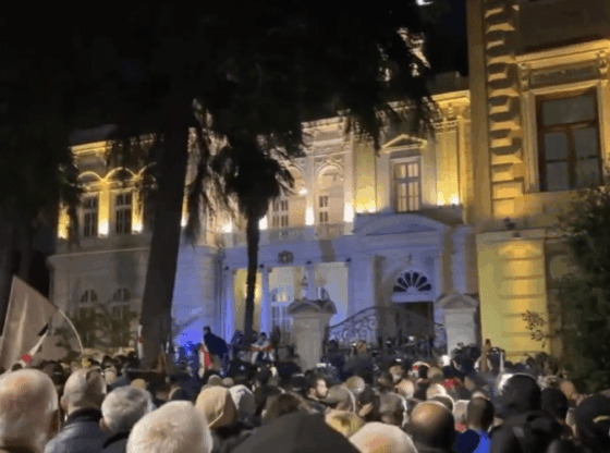 Protestors gathered in front of a grand illuminated building at night, some holding Georgian flags.