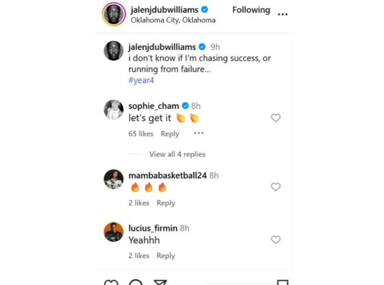 Sophie Cunningham reacting to Jalen Williams' IG post on Tuesday. [photo: @jalendubwilliams/IG]