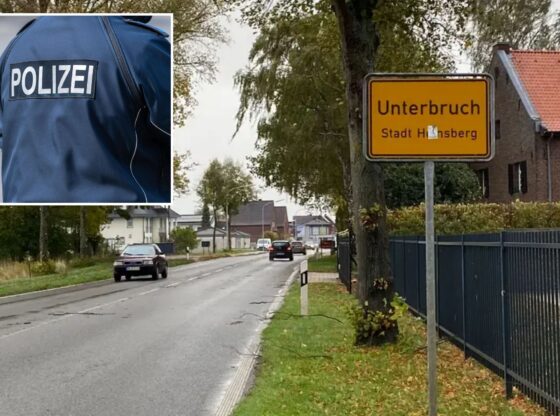 An image collage containing 2 images, Image 1 shows A street view of Unterbruch in Stadt Heinsberg, Germany, Image 2 shows Rear View Of Police Officer