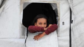 A displaced Palestinian girl looks out from her family's tent in Gaza.