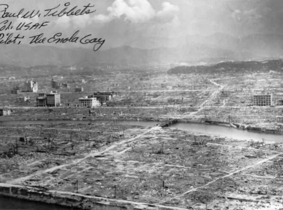 Photograph taken after the dropping of the atomic bomb on Hiroshima by the pilot of the Enola Gay, Paul Tibbets, on August 6, 1945.
