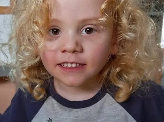 August 'Gus' Lamont, a 4-year-old boy, with blonde curly hair and brown eyes, wearing a gray shirt that says "MY MUMMY" with a pink pig.