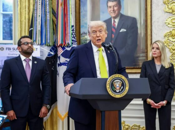 An image collage containing 1 images, Image 1 shows Washington, United States. 15th Oct, 2025. President Donald Trump, with Director of the Federal Bureau of Investigation Kash Patel (L) and Attorney General Pam Bondi (R), responds to a question from the news media during a press conference in the Ova