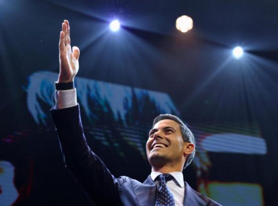 Rob Jetten celebrates the election victory at the D66 headquarters in Leiden.