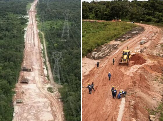 An image collage containing 2 images, Image 1 shows Aerial view of a wide dirt highway cutting through a dense green rainforest with power lines running parallel, Image 2 shows Workers construct an avenue named Liberdade, or Freedom, ahead of the COP30 U.N. Climate Summit in Belem, Brazil