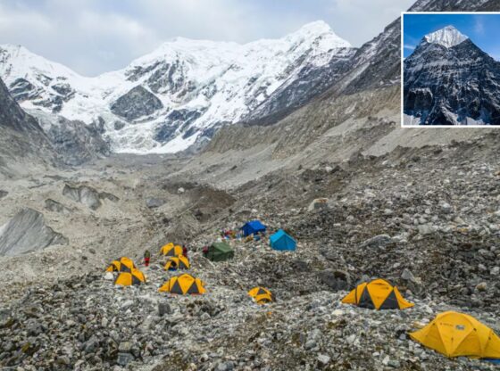 An image collage containing 2 images, Image 1 shows Aerial view of snowy mountain peaks and glacier in Rolwaling valley, Camp site glacier, Gauri Sankar, Bagmati, Nepal, Image 2 shows Aerial view of snow-capped Chobuje mountain in Rolwaling valley, Bagmati, Nepal