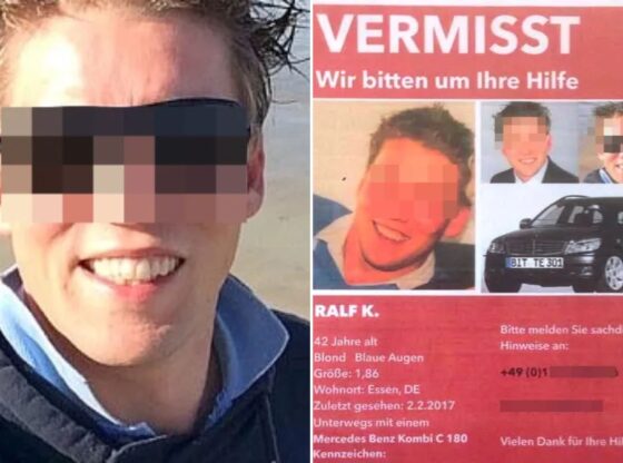 An image collage containing 2 images, Image 1 shows A man with pixelated eyes smiling on a beach, Image 2 shows Missing person poster for Ralf K. with his photos and a black Mercedes-Benz Kombi C 180