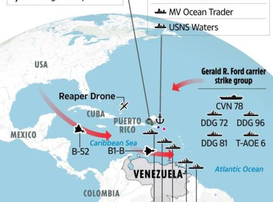 Illustration of a map showing US military assets near Venezuela.