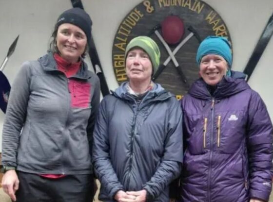 An image collage containing 1 images, Image 1 shows Emily Jane Coates, Mary Reape, and Catherine Jane Wilson, who were stranded in the Himalayas, pose for a photo
