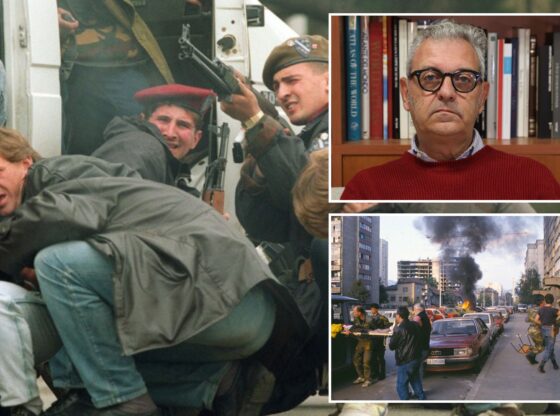 An image collage containing 3 images, Image 1 shows YUGOSLAVIA-BOSNIAN SOLDIER-SERBIAN SNIPERS, Image 2 shows Italian journalist and author Ezio Gavazzeni, Image 3 shows War of Bosnia-Herzegovina. Bombing of Sarajevo, Se