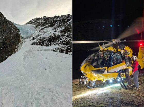 An image collage containing 2 images, Image 1 shows Site where mountaineers were hit by an avalanche in the Ortler mountains, Italy, Image 2 shows Rescuers with a helicopter prepare for rescue operations in search of five mountaineers
