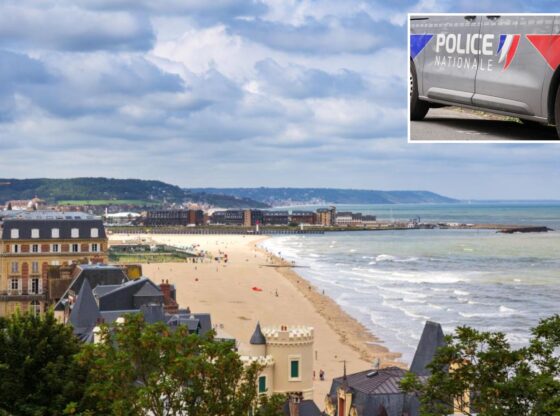 An image collage containing 2 images, Image 1 shows France, Calvados, Trouville sur Mer, view of the buildings and the beach, Image 2 shows NINTCHDBPICT000923907773