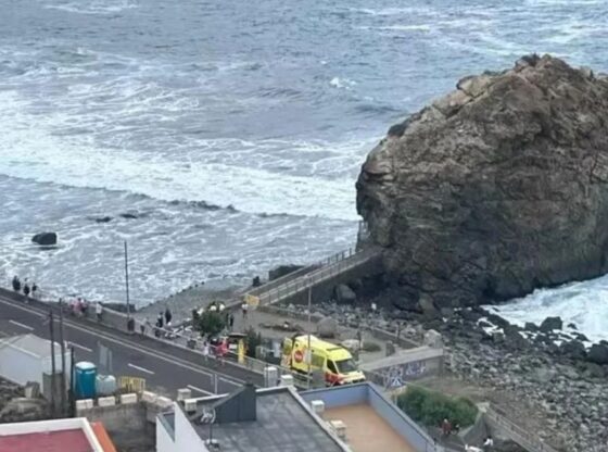 An image collage containing 1 images, Image 1 shows Aerial view of an ambulance and emergency personnel on a coastal road next to a large rock formation in rough waters