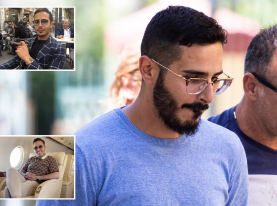 An image collage containing 3 images, Image 1 shows Tinder swindler Simon Leviev with another man, Image 2 shows Simon Leviev, the "Tinder Swindler"in a plaid suit, holding a cigar, Image 3 shows Simon Leviev, the Tinder Swindler, sitting in a private jet